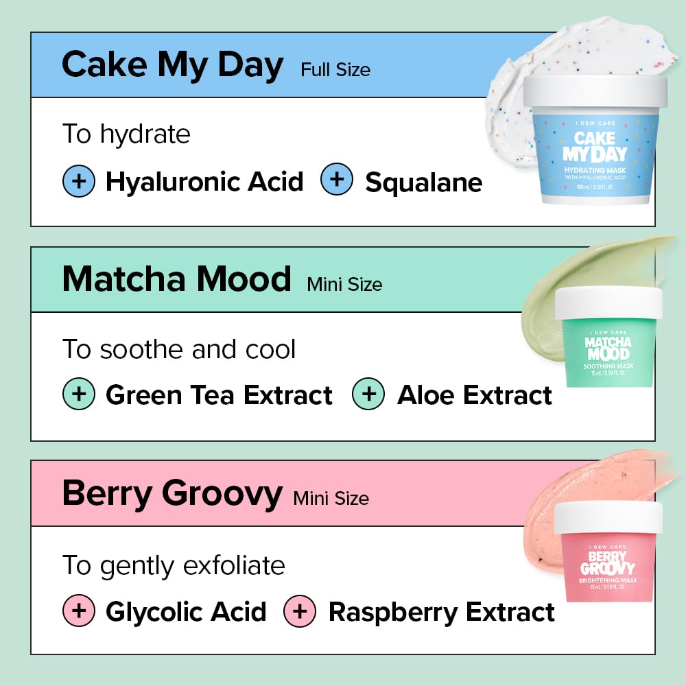 I DEW CARE Wash Off Face Mask Set - Scoop Party | Hyaluronic Acid Skincare Essentials, Moisturizing, Hydrating, Soothing, Exfoliating, Deep Cleansing Pore Refining, Stocking Stuffers, Gift Set
