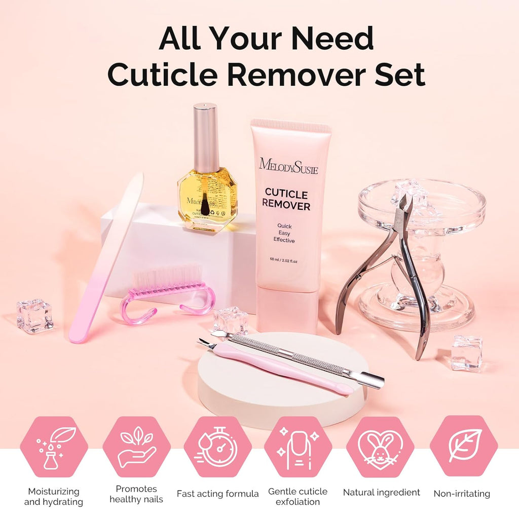 MelodySusie Cuticle Remover Kit,60g Cuticle Remover Cream 15ML Cuticle Oil,Cuticle Nipper Trimmer Pusher, Nail File and Brush for Cuticle Softener & Moisturize Manicure Kit for Nail Care