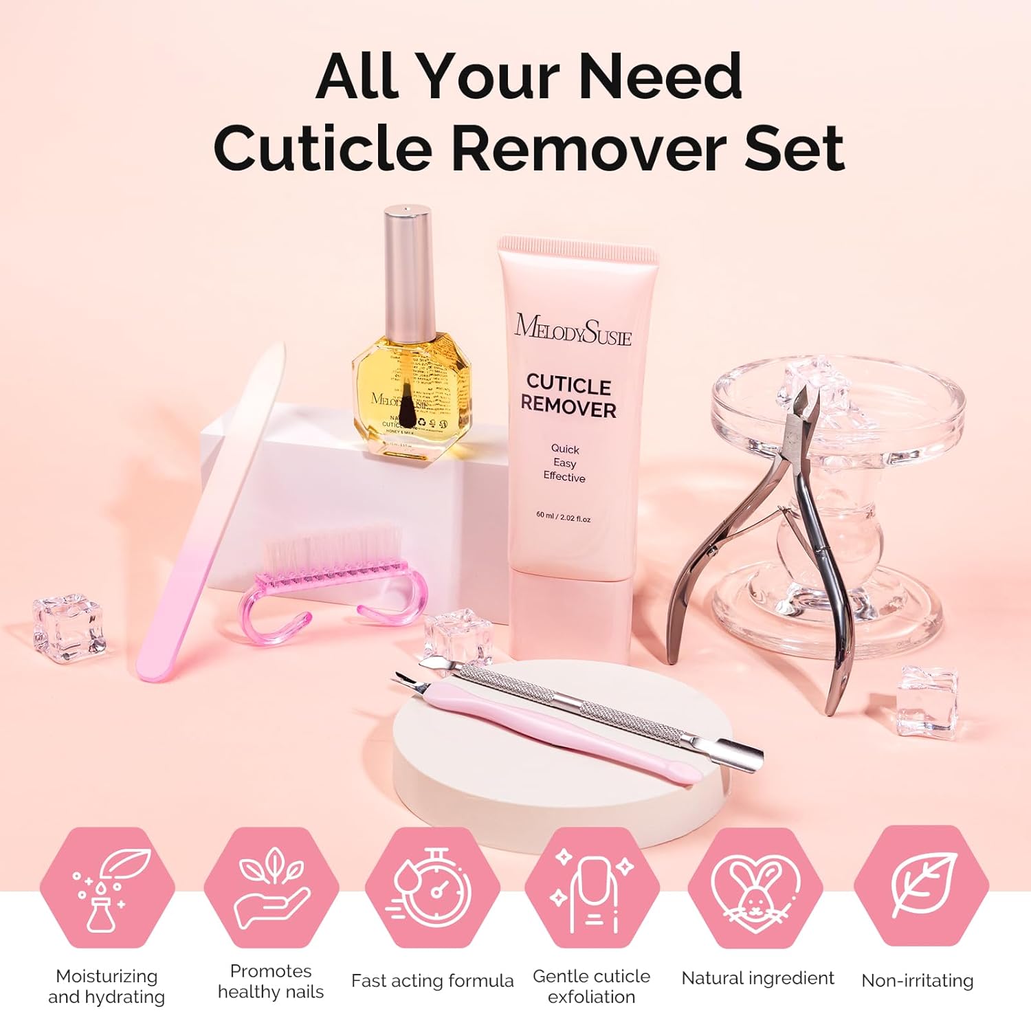 MelodySusie Cuticle Remover Kit,60g Cuticle Remover Cream 15ML Cuticle Oil,Cuticle Nipper Trimmer Pusher, Nail File and Brush for Cuticle Softener & Moisturize Manicure Kit for Nail Care