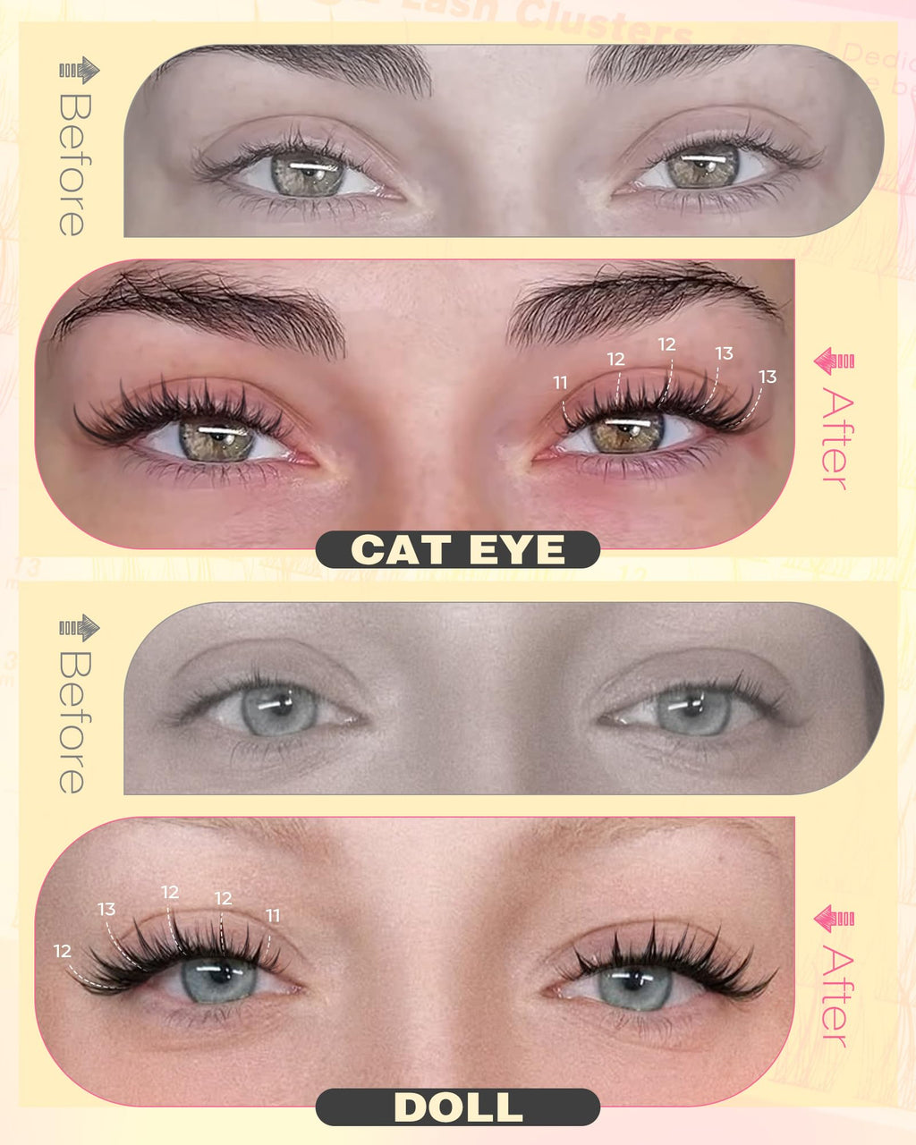 250Pcs Natural Lash Clusters Kit Cluster Eyelash Extensions Kit Wispy DIY C Curl Individual Lashes Clusters With Bottom Eyelashes