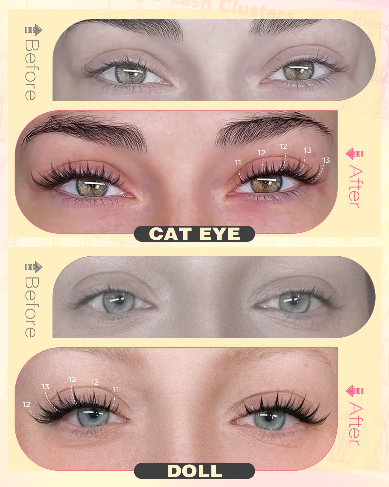 250Pcs Natural Lash Clusters Kit Cluster Eyelash Extensions Kit Wispy DIY C Curl Individual Lashes Clusters With Bottom Eyelashes