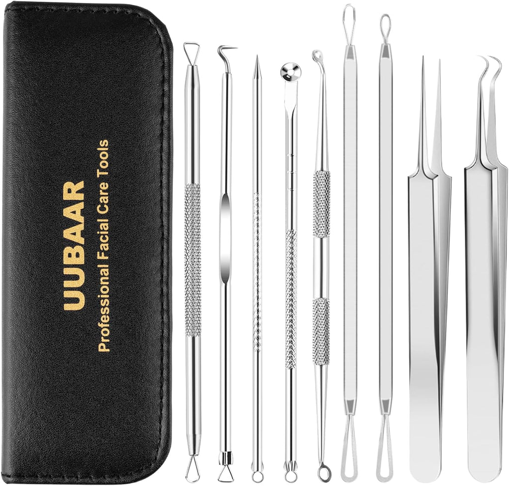 9 PCS Blackhead Remover Tools, Pimple Popper Tool Kit & Comedone Extractor - Professional Acne, Zit, Blemish & Whitehead Removal for Face & Nose, with Stainless Steel Tweezers & Travel Case, UUBAAR