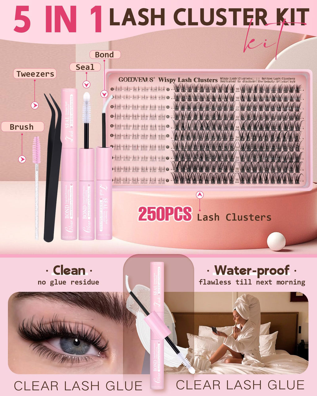 250Pcs Natural Lash Clusters Kit Cluster Eyelash Extensions Kit Wispy DIY C Curl Individual Lashes Clusters With Bottom Eyelashes