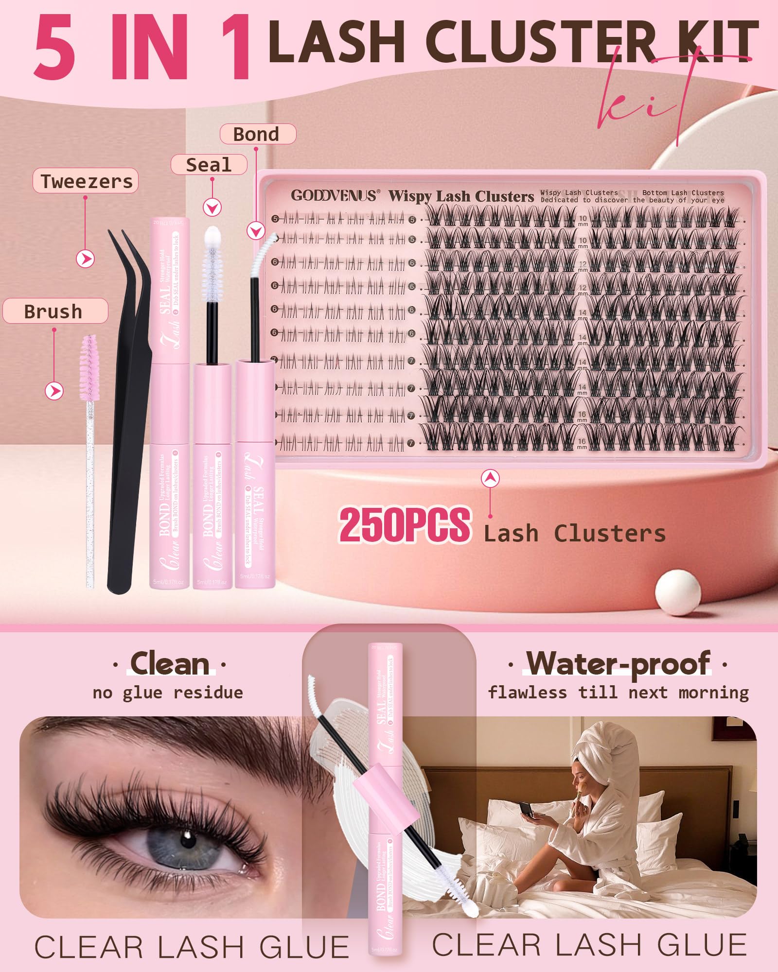 250Pcs Natural Lash Clusters Kit Cluster Eyelash Extensions Kit Wispy DIY C Curl Individual Lashes Clusters With Bottom Eyelashes