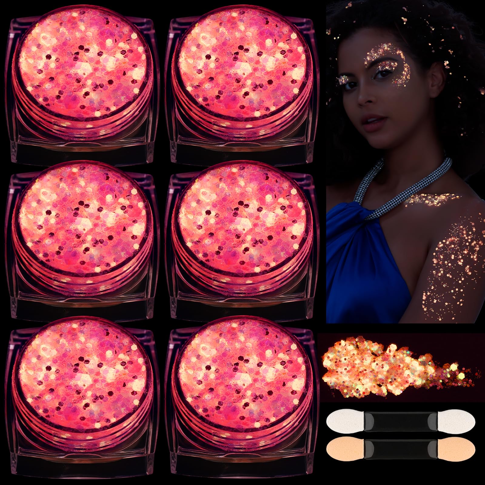 Teenitor 6 Colors Glow in The Dark Glitter Gel, Face Glitter Gel, Body Glitter Hair Glitter for Halloween Makeup UV Black Light Party Cheer Raves Festivals