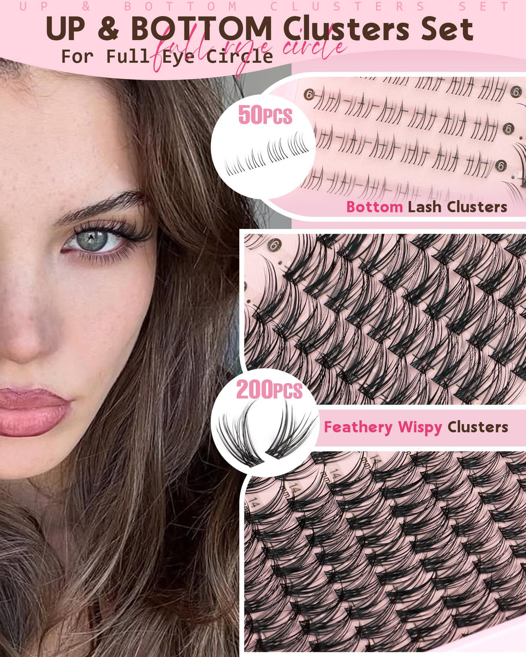 250Pcs Natural Lash Clusters Kit Cluster Eyelash Extensions Kit Wispy DIY C Curl Individual Lashes Clusters With Bottom Eyelashes