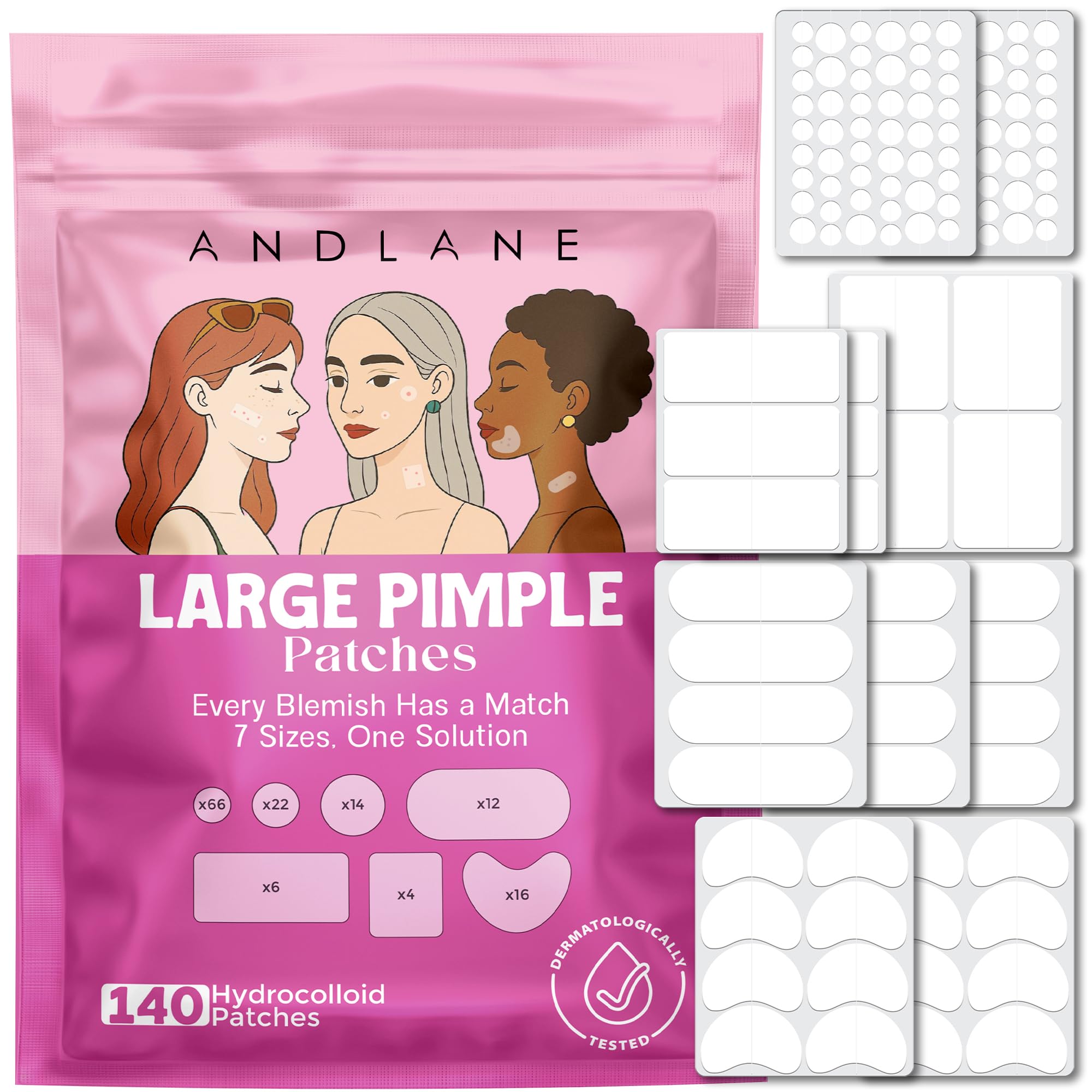 344 Pcs Large Pimple Patches for Face – 7 Sizes XL Acne Patches for Full Face, Big Hydrocolloid Bandages for Body, Chin, Forehead, Chest & Back Hydrocolloid Patch (Round, Crescent, Oval & Rectangular)