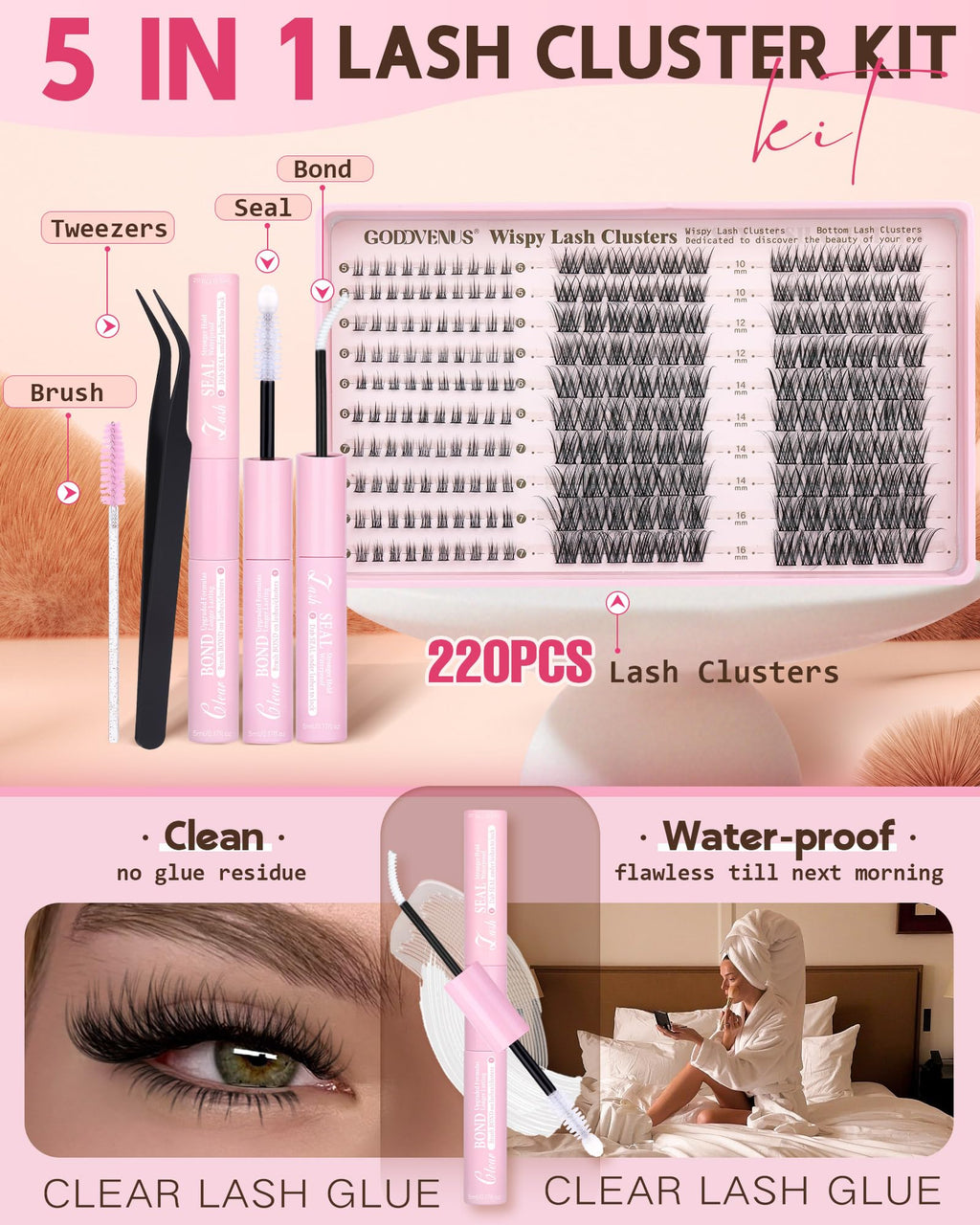 250Pcs Natural Lash Clusters Kit Cluster Eyelash Extensions Kit Wispy DIY C Curl Individual Lashes Clusters With Bottom Eyelashes