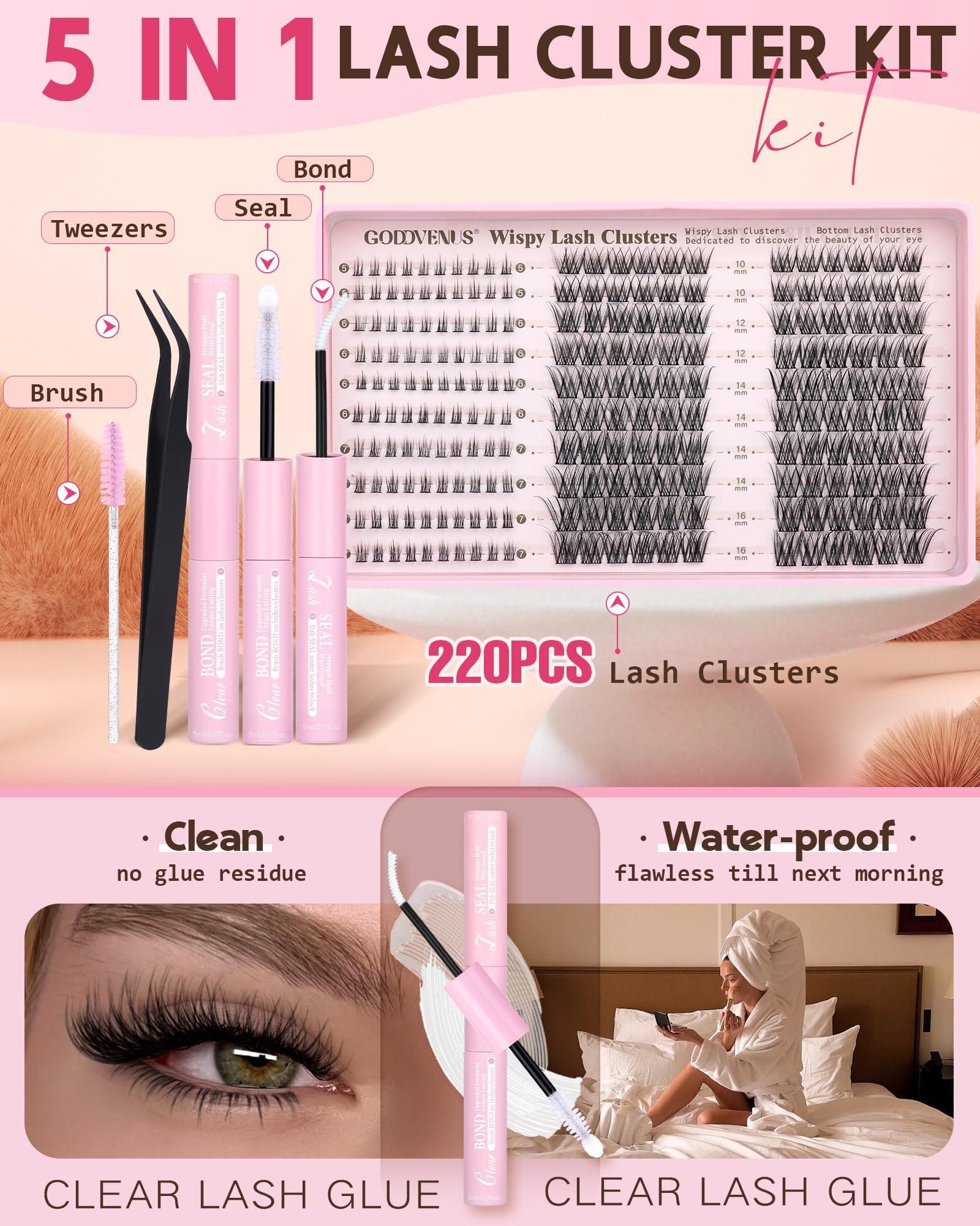 250Pcs Natural Lash Clusters Kit Cluster Eyelash Extensions Kit Wispy DIY C Curl Individual Lashes Clusters With Bottom Eyelashes