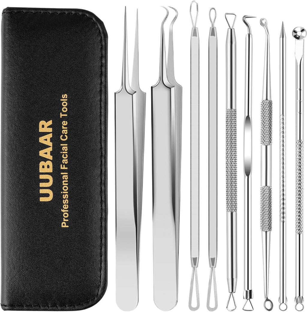9 PCS Blackhead Remover Tools, Pimple Popper Tool Kit & Comedone Extractor - Professional Acne, Zit, Blemish & Whitehead Removal for Face & Nose, with Stainless Steel Tweezers & Travel Case, UUBAAR