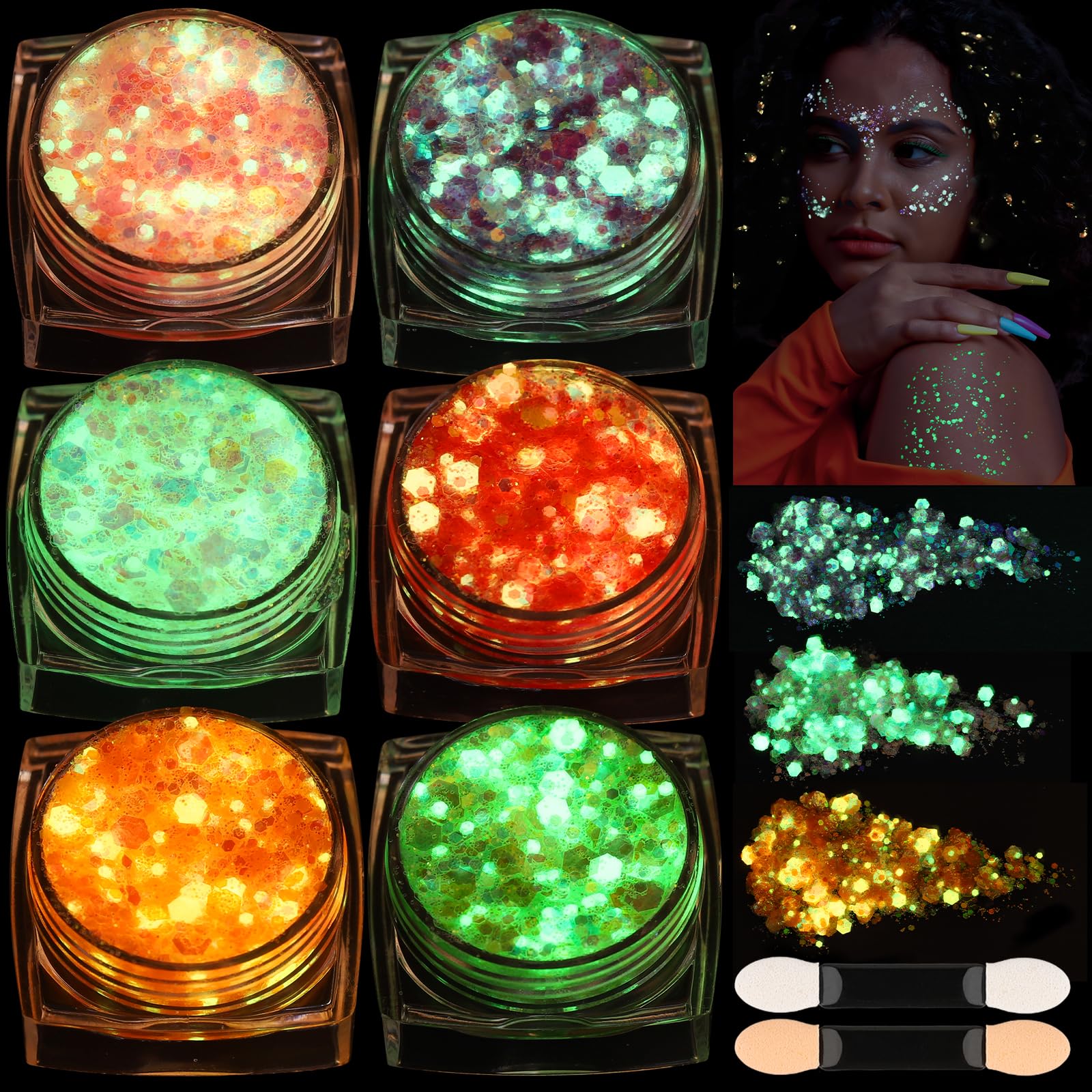Teenitor 6 Colors Glow in The Dark Glitter Gel, Face Glitter Gel, Body Glitter Hair Glitter for Halloween Makeup UV Black Light Party Cheer Raves Festivals